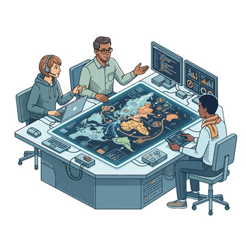 Cyber analysts sharing threat intelligence on unified map