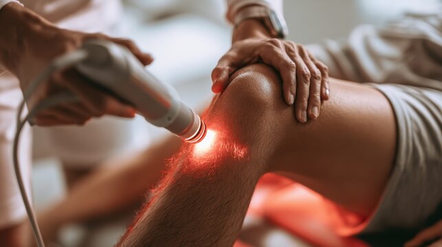 Close-up of professional physical therapy session using red light therapy device on knee for pain relief and muscle recovery in wellness and healthcare treatment