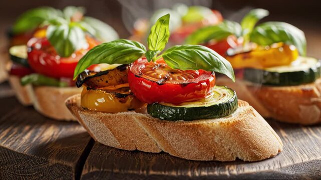 Grilled vegetable bruschetta with tomatoes and zucchini on wood