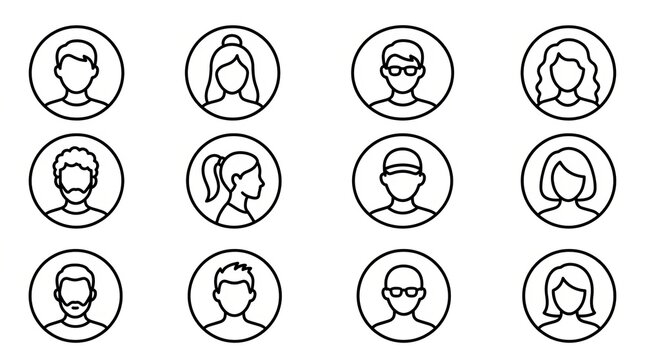 Collection of diverse female hairstyle silhouettes in circular frames illustration.