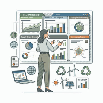 Sustainability analyst compiling ESG reporting dashboard for green enterprise brochures