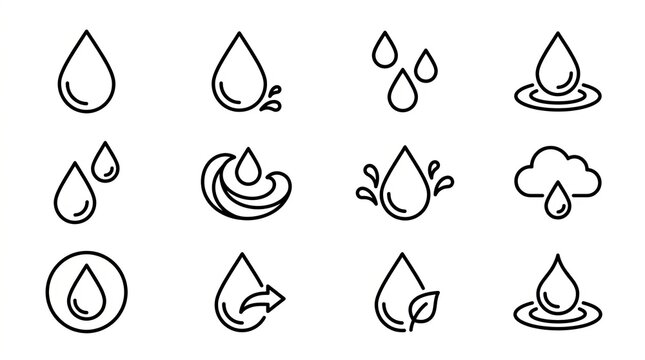Collection of hand drawn water droplet and splash illustrations in black and white.