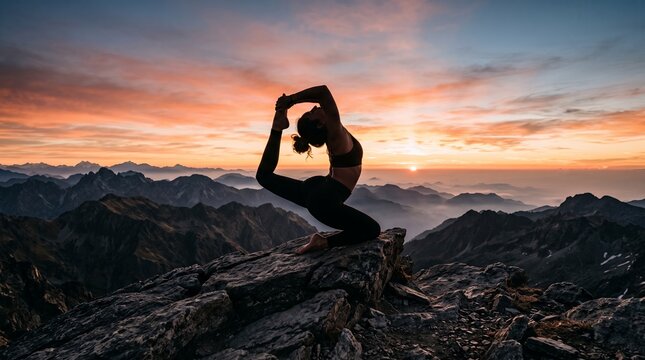 Woman practicing yoga on mountain peak at sunset
