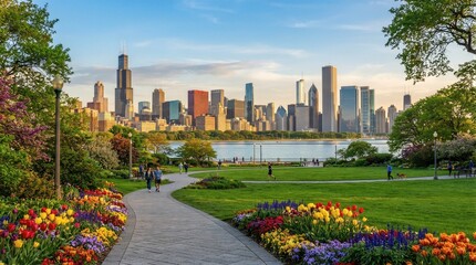 Fototapeta premium City skyline viewed from park pathway with flowerbeds