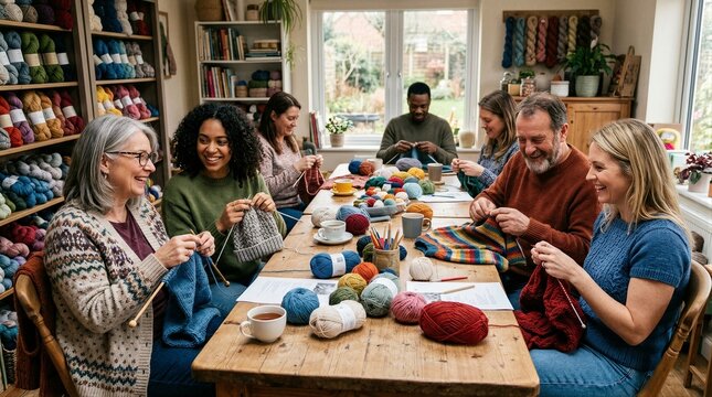 Group knitting together around table inside yarn craft studio