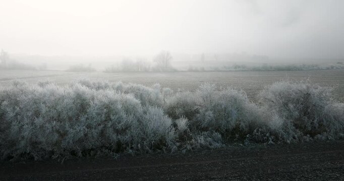 Aerial view of a frosty winter morning over Polish countryside fields