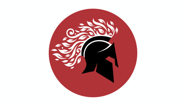 Powerful spartan helmet icon integrated with leaf design on solid red circular background, representing strength and organic growth.