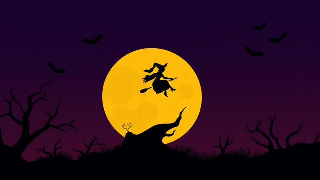 Silhouette of a witch flying on a broomstick against a large full moon in a dark purple night sky with bare trees and bats for halloween celebration