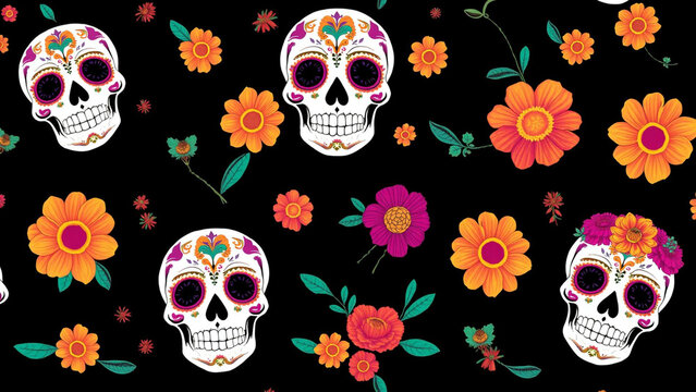 Seamless pattern with sugar skulls and marigold flowers, traditional mexican dia de los muertos celebration background, festive day of the dead wallpaper design with colorful floral elements