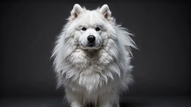 Fluffy White Samoyed Dog Standing Still in Dark Studio with Cinematic Lighting and Professional Portrait Look for Pet Branding or Advertising
