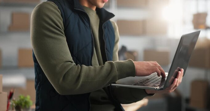 Hands, typing and laptop at logistic office, shipping website or delivery email feedback. Person, computer and writing quick reply on courier app, blog or distribution information, online and review