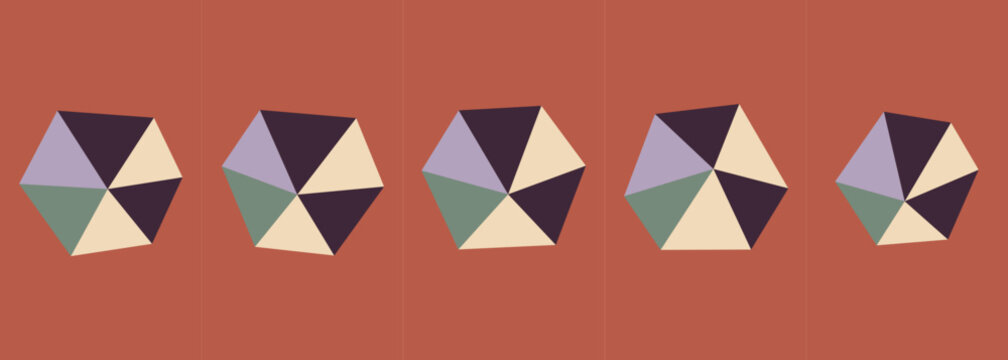 A series of five colorful pentagonal shapes on a solid earthy red background