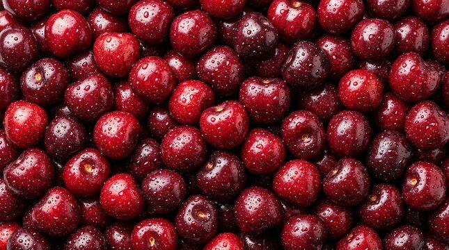 Top view of fresh ripe red cherries with water droplets creating a juicy fruit texture background