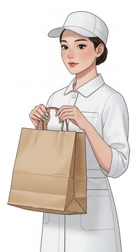 Young Woman in White Uniform and Cap Holding a Brown Paper Bag.