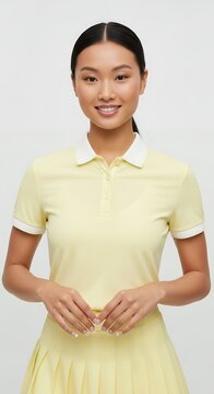 Young woman in yellow polo shirt smiles toward the camera