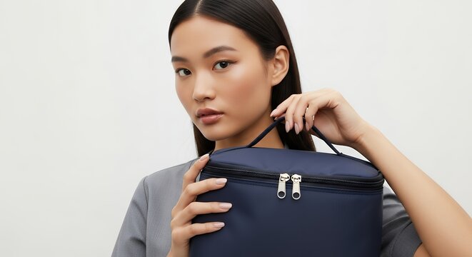 Young Woman Posing with a Stylish Navy Blue Bag, Capturing a Moment of Fashion and Elegance.