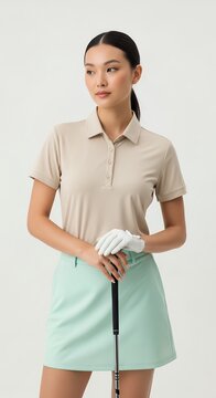 Young woman posing with golf club in light colored sportswear on white background
