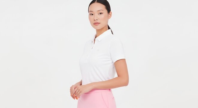 Young woman wearing white polo shirt and pink skirt against a white backdrop