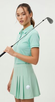 Young woman with golf club and ball in sporty attire lifestyle