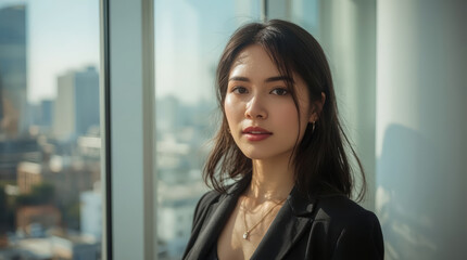 Fototapeta premium Asian woman portrait beside bright window with soft daylight and city view