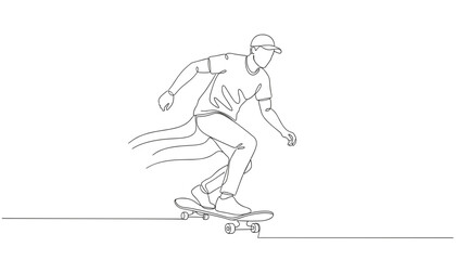 Fototapeta premium Dynamic continuous one-line drawing of an active skateboarder riding on a skateboard over a plain white background.