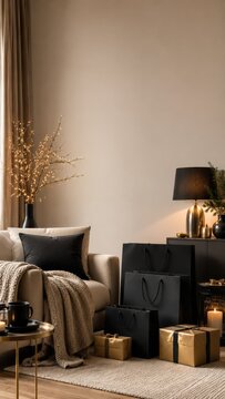 Cozy winter living room with gifts and warm lights