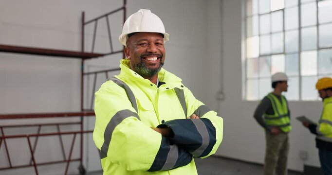 Arms crossed, face and laughing with construction worker on site for building or civil engineering. Architecture, funny and leadership with mature developer in work uniform for project management