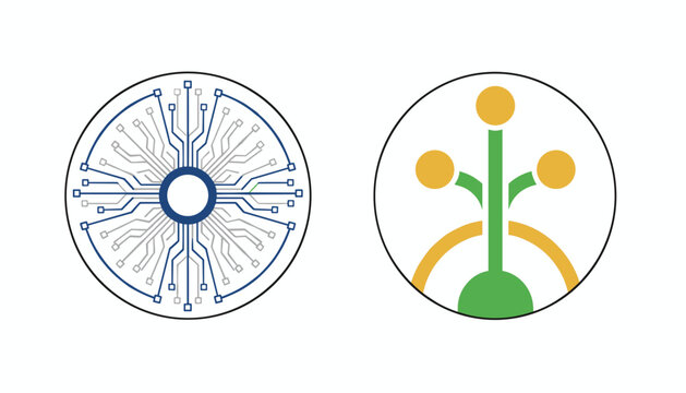 High tech circular icons presenting microchip circuit connections and network tree structures in vector style.