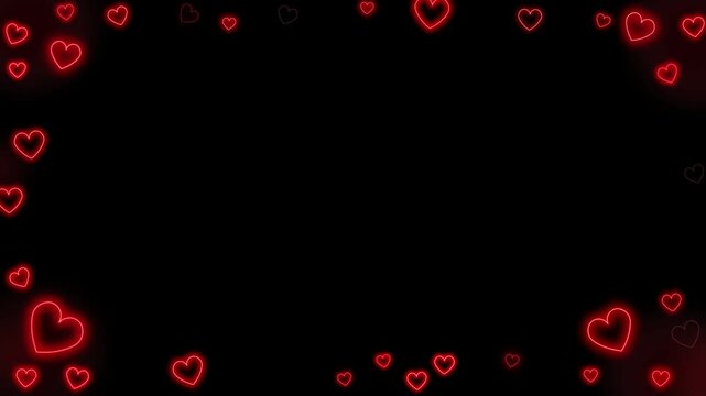 Red neon glowing heart symbols floating over black background with handwritten love you script typography with elegant handwritten cursive