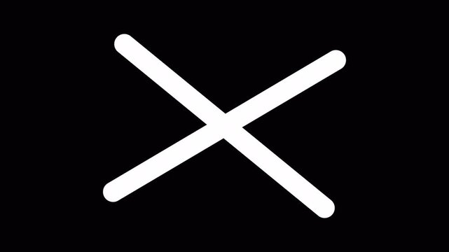 red incorrect wrong answer no entry cross with diagonal strokes and rounded corners animating on and off the screen with plain black background that can be made invisible using screen blend mode 4K