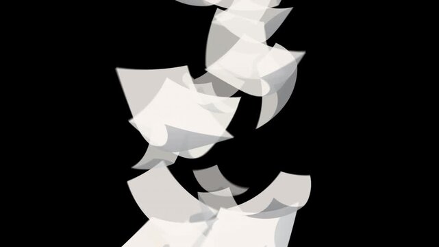 White paper sheets spiral upward around an invisible axis in a tornado-like vortex on a dark background, creating a dynamic document overlay for office, business, and transition visuals.