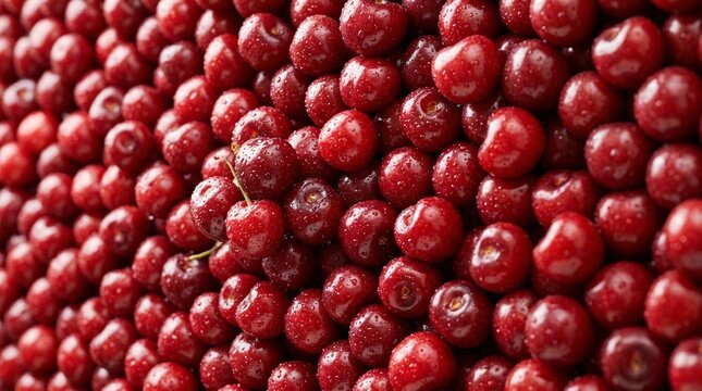 Fresh ripe red cherries stacked together creating a vibrant fruit pattern background