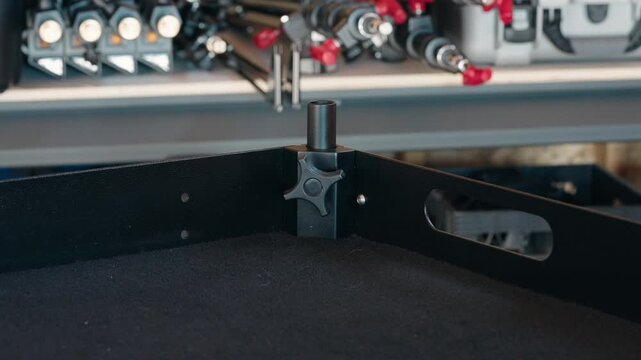Close-up shot of a camera cart corner mount featuring an adjustment knob with photography accessories visible in the background