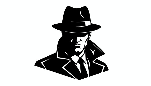 Dramatic high contrast portrait of a mysterious detective spy in a fedora hat and coat casting shadow on his face.