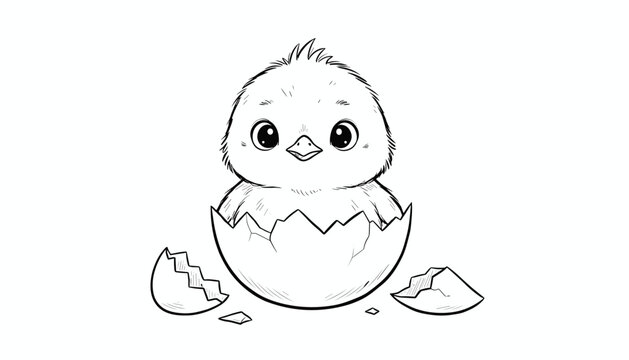 Adorable sketch of a fluffy baby chick newly hatched from its eggshell with pieces of broken shell scattered around.