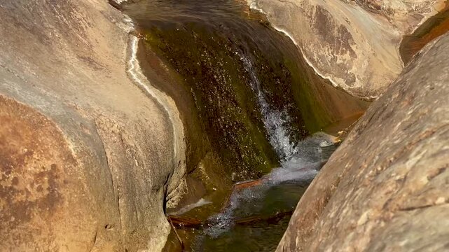 A close-up view of a small, clear stream trickling over smooth, weathered rock formations in a desert canyon, surrounded by sparse green vegetation.