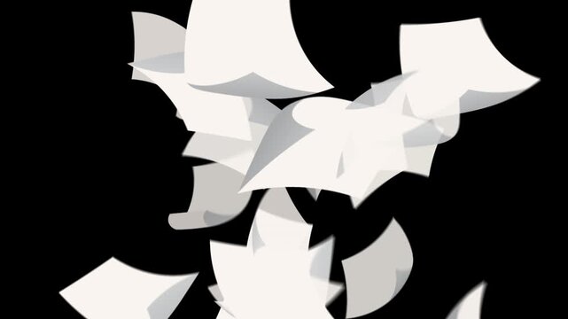 White paper sheets burst upward from a narrow point, spread in varied arcs, rotate in the air, and fall away, creating a dynamic document overlay for office, business, and transition visuals.
