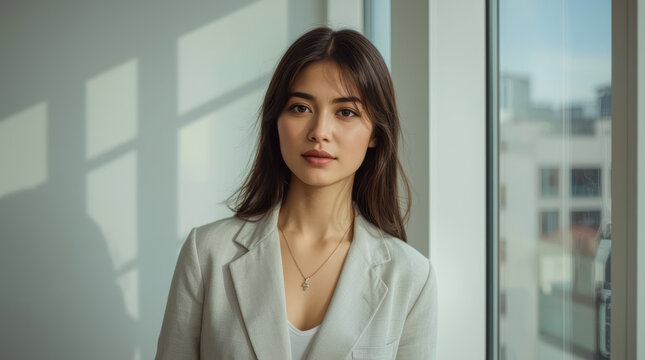 Asian woman portrait beside bright window with soft natural light and calm expression