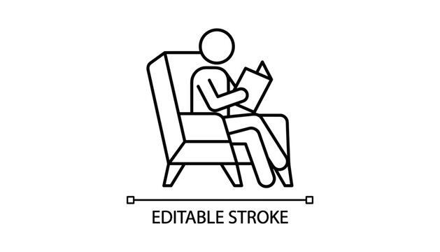 Linear icon depicting a person sitting comfortably in an armchair while reading an open book