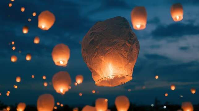Glowing paper lantern flying into the night sky during dusk festival with multiple lanterns floating creating magical and serene atmosphere