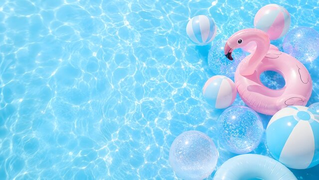 Blue swimming pool with inflatable flamingo float and striped beach balls for sunny summer lifestyle promotion.