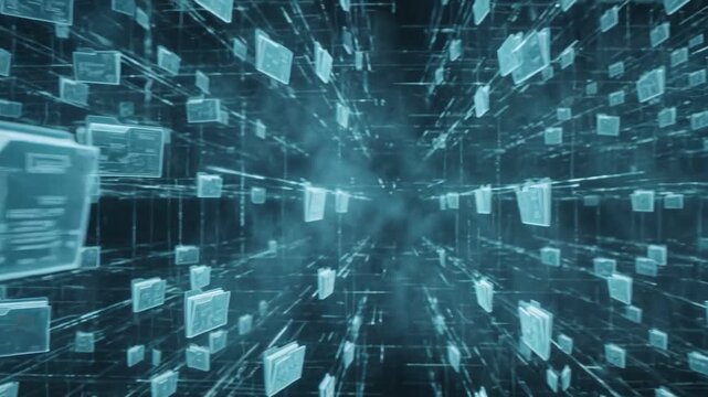 Digital Data Stream: An abstract visualization of data flowing through a digital network, with glowing cubes and lines forming an immersive, futuristic cyberspace.