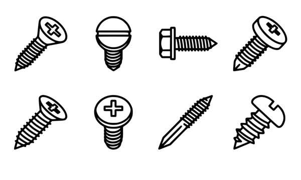 Self tapping screw hardware vector icon set featuring Phillips slotted hex flat pan round head fasteners for industrial construction designs