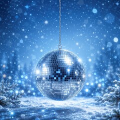 Fototapeta premium Disco ball hanging in snowy winter landscape