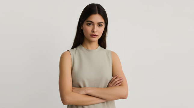 Asian woman crossed arms sleeveless shirt neutral background