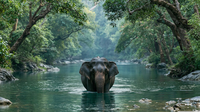 Wide shot , front angle shot , an elephant walking in the river , forest landscape is background.