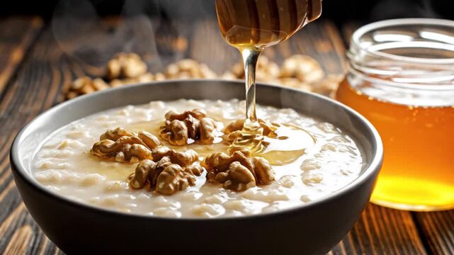 Honey dripping on hot oatmeal porridge with walnuts in bowl