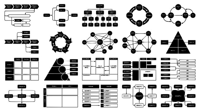 Professional set of business process diagrams flowcharts and conceptual organizational charts for corporate presentations