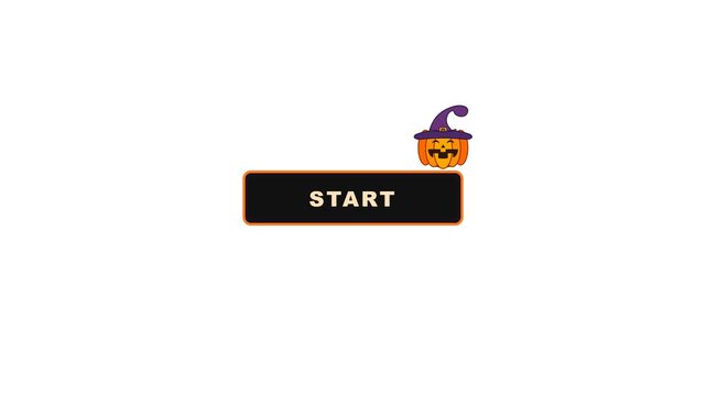 Design of a digital interface featuring a black rectangular button labeled Start next to a cute animated character with a pumpkin head and a purple hat perfect for technology and gaming projects