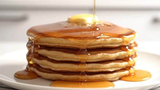 Honey pouring over stack of golden pancakes with butter